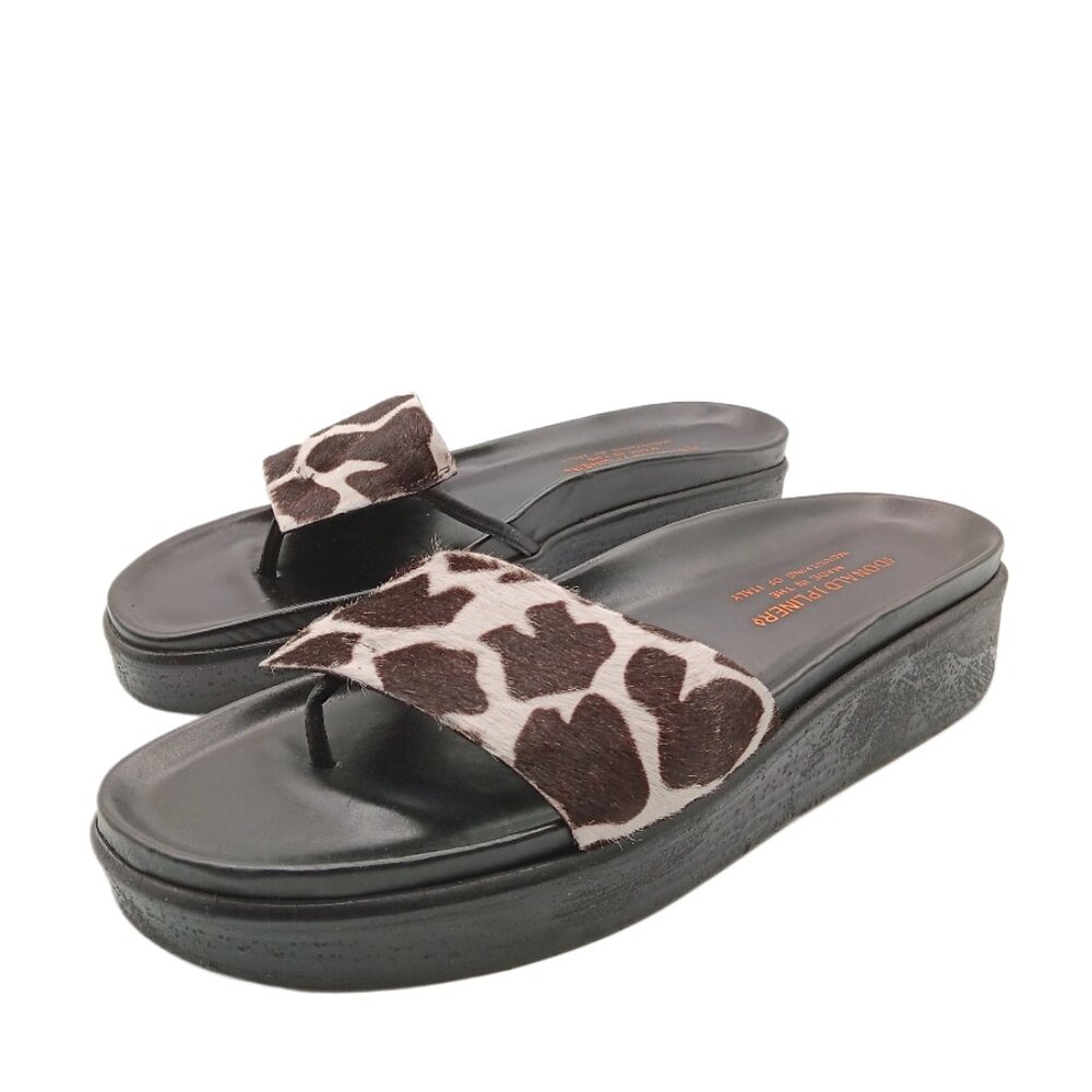 Donald Pliner Fifi Cow Print Sandals Womens 8.5 Bone Brown Calf Hair Thong Comfy